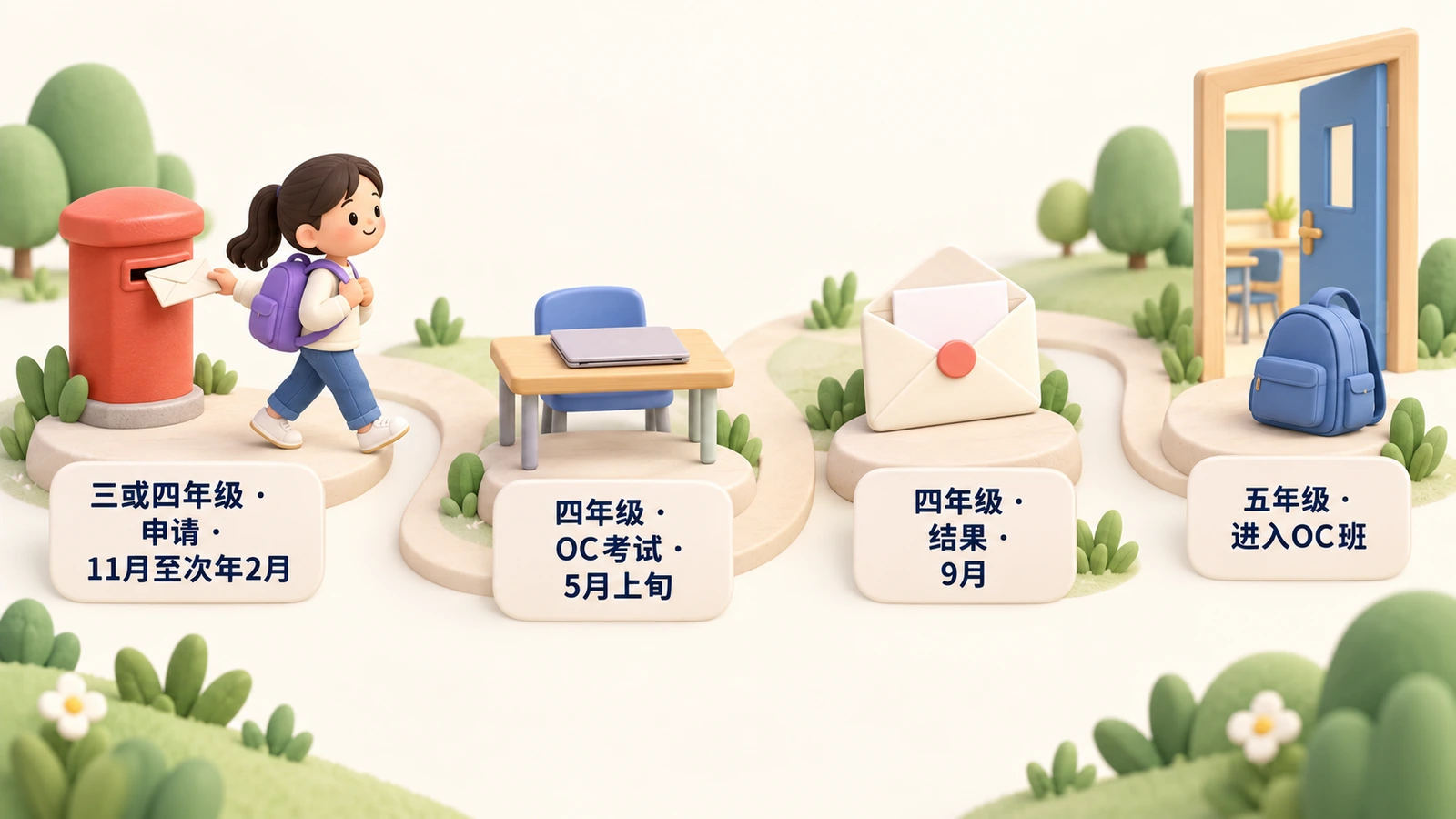 OC流程：三或四年级的11月至次年2月申请；四年级5月上旬考试；9月公布结果；五年级进入OC班。