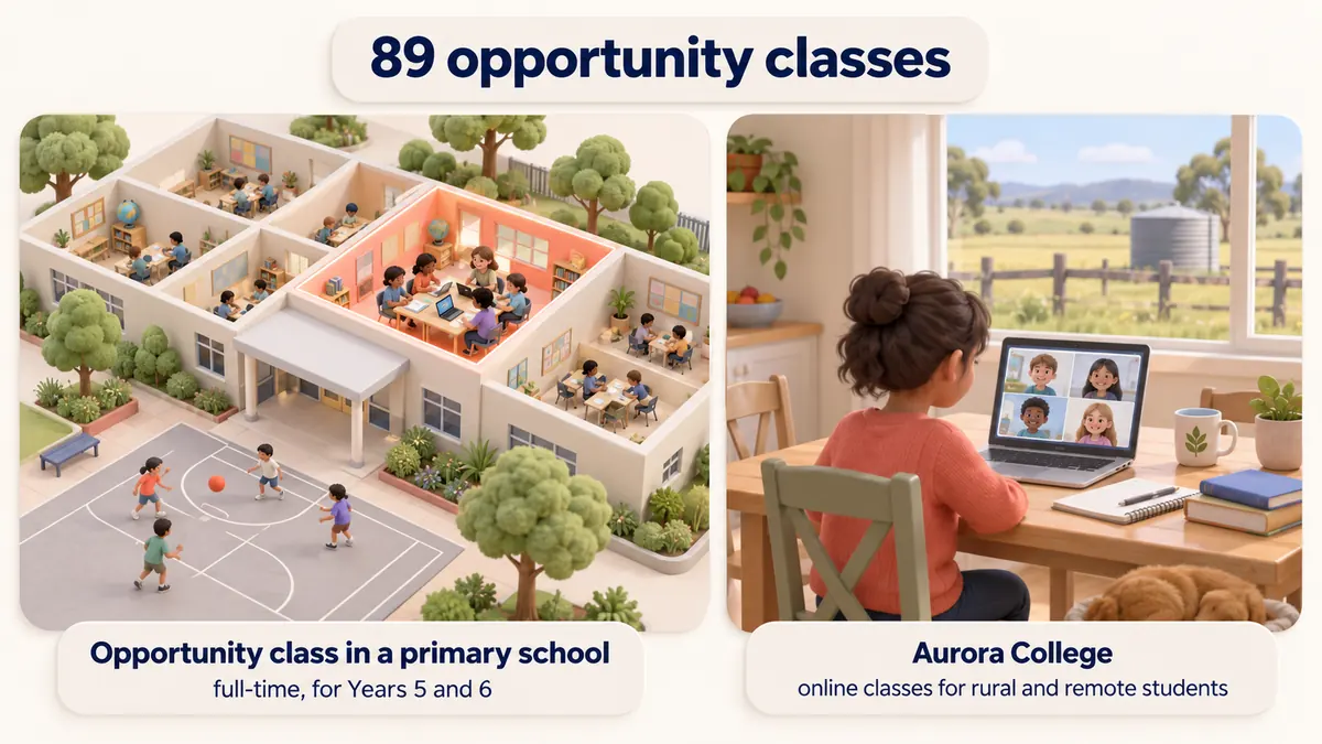 89 opportunity classes: full-time classes in primary schools for Years 5 and 6, and Aurora College online for rural and remote students.