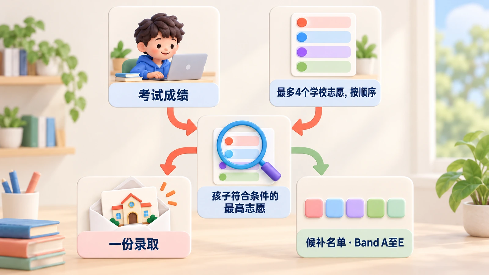 OC名额的分配流程：考试成绩加上最多4个按顺序填写的学校志愿，得出一个录取，或进入候补名单（Band A至E）。