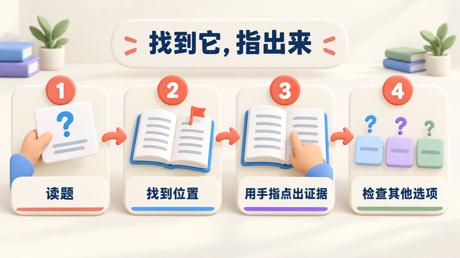 四年级方法:读题,找到位置,用手指点出证据,检查其他选项。