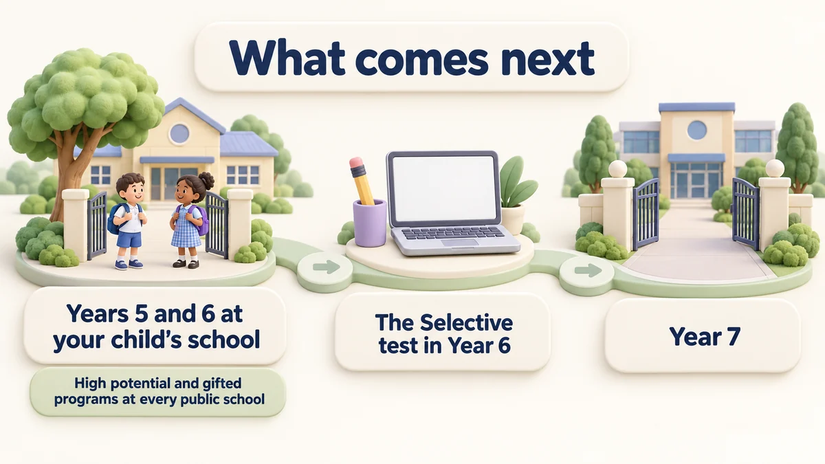 What comes next: Years 5 and 6 at your child's school, with gifted programs at every public school, then the Selective test in Year 6, then Year 7.