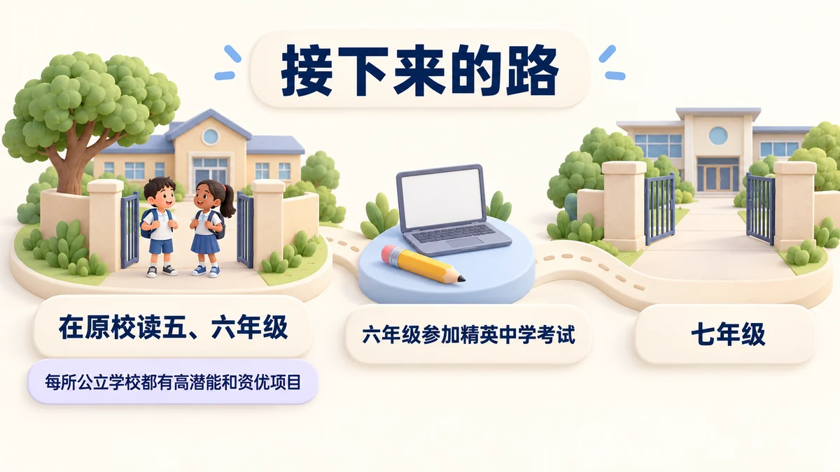 接下来的路:在原校读五、六年级(每所公立学校都有高潜能和资优项目),六年级参加精英中学考试,然后上七年级。
