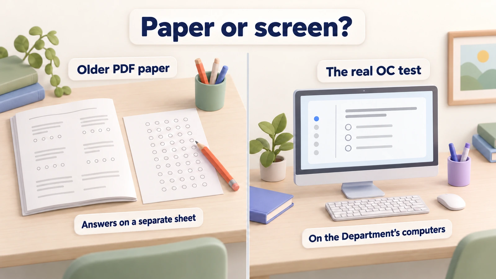 Paper or screen: an older PDF paper is answered on a separate sheet; the real OC test is on the Department's computers.