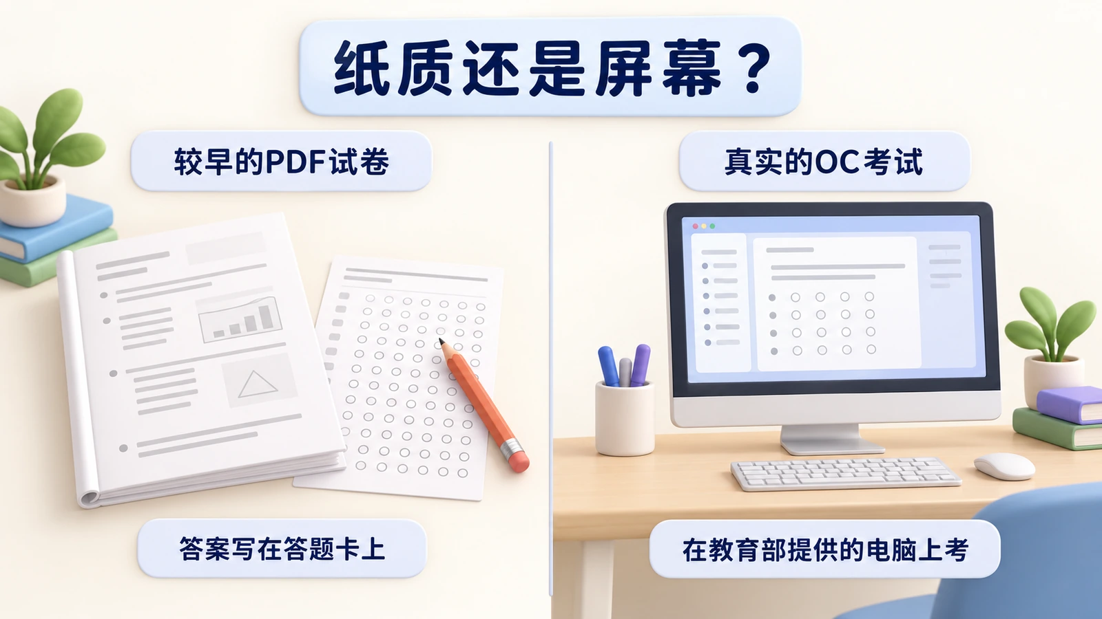 纸质还是屏幕:较早的PDF试卷要在答题卡上作答;真实的OC考试在教育部提供的电脑上进行。