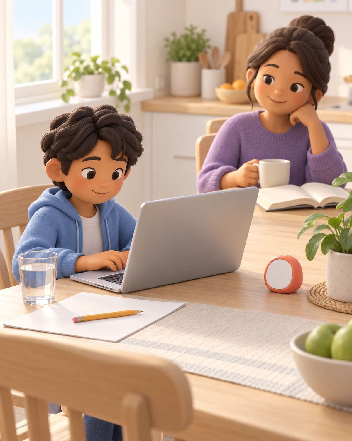A child works through a practice section on a laptop at the kitchen table, with paper and a pencil, while a parent sits nearby.