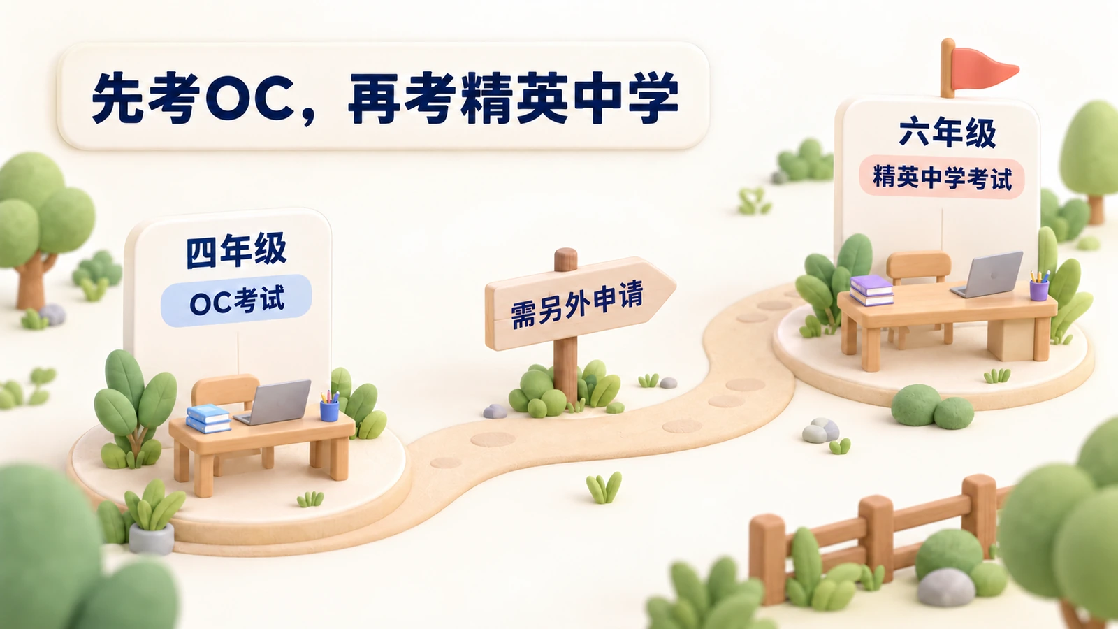 先考OC，再考精英中学：四年级考OC，六年级考精英中学，两者需分别申请。