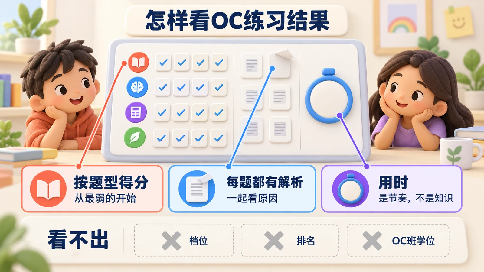 怎样看OC练习结果：按题型得分、每题解析、用时；看不出档位、排名或OC班学位。