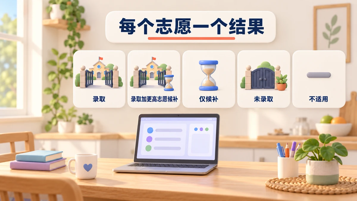 每个志愿一个结果:录取、录取加更高志愿候补、仅候补、未录取或不适用。