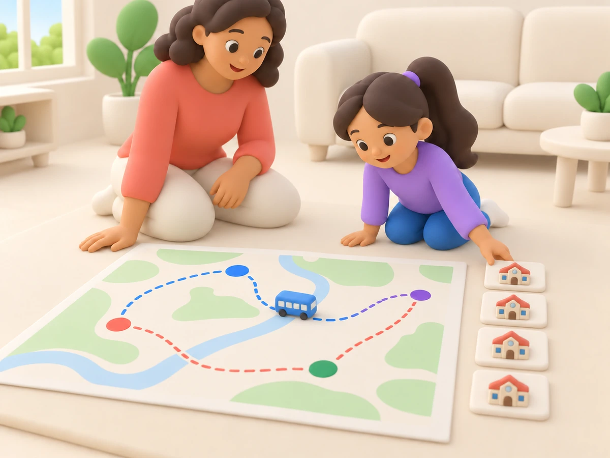 A parent and child kneel over a map with four marked schools, putting four blank school cards in order.