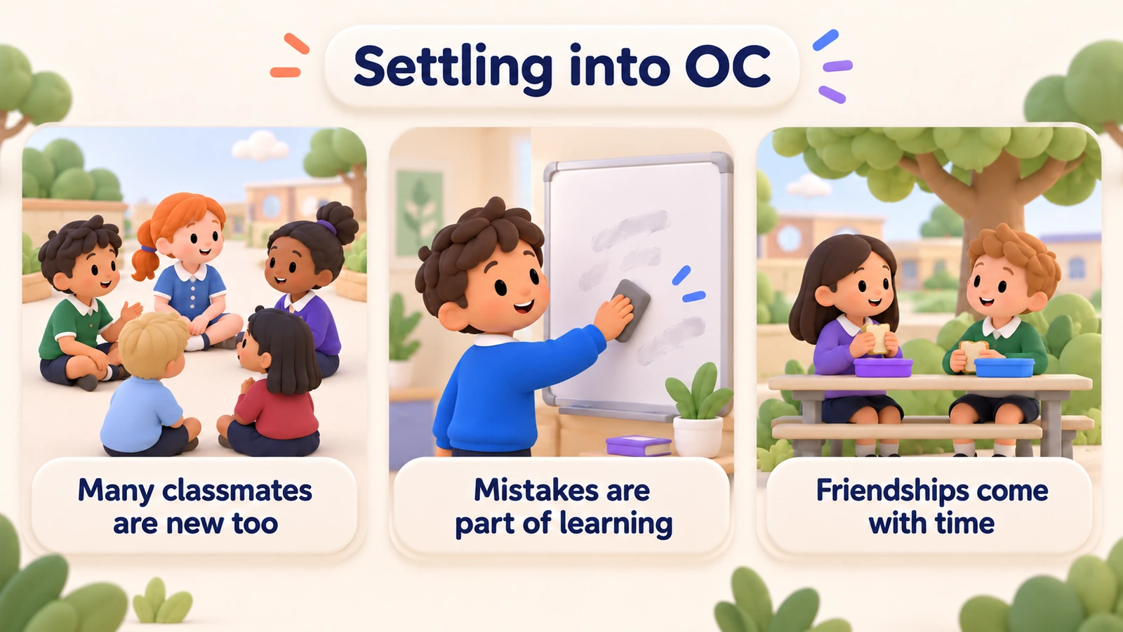 Settling into OC: many classmates are new too, mistakes are part of learning, and friendships come with time.
