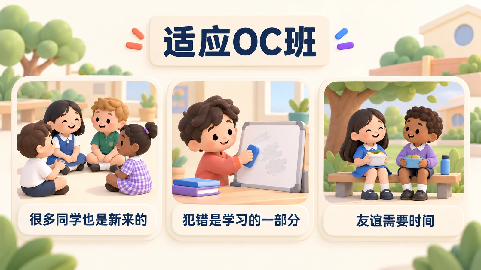 适应OC班:很多同学也是新来的,犯错是学习的一部分,友谊需要时间。