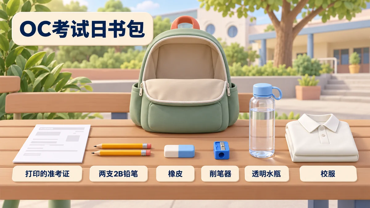 OC考试日书包:打印的准考证、两支2B铅笔、橡皮、削笔器、透明水瓶和校服。