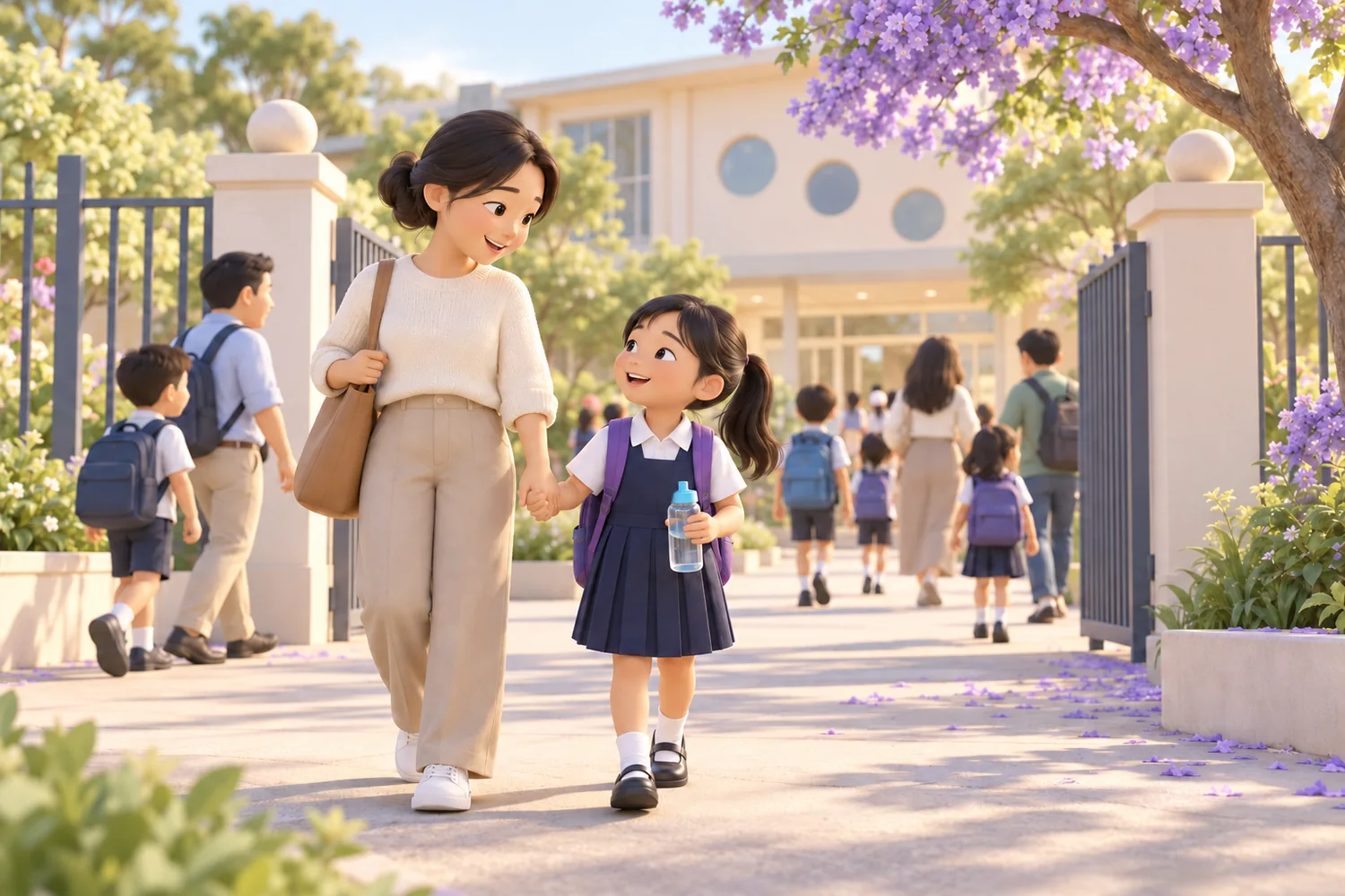 A parent and child in school uniform walk calmly to a school gate on a soft spring morning.
