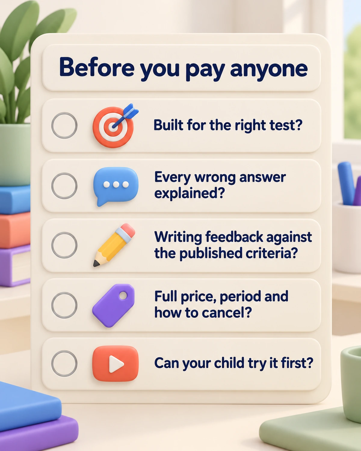 Before you pay anyone: the right test, every wrong answer explained, writing feedback against the criteria, full price and cancelling, a free try.