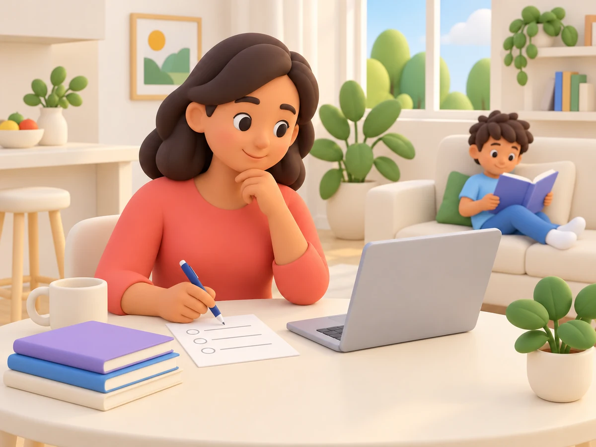 A parent works through a checklist beside a laptop and workbooks while their child reads on the couch.