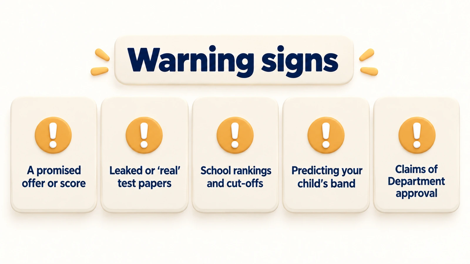 Warning signs: a promised offer or score, leaked test papers, rankings and cut-offs, predicted bands, claims of Department approval.