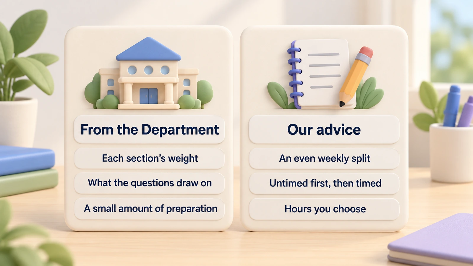 From the Department: each section's weight, what questions draw on, a small amount of preparation. Our advice: an even split, timing, your hours.