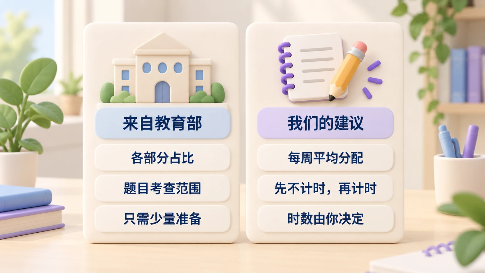 来自教育部:各部分占比、题目考查范围、只需少量准备。我们的建议:每周平均分配、先不计时再计时、时数由你决定。