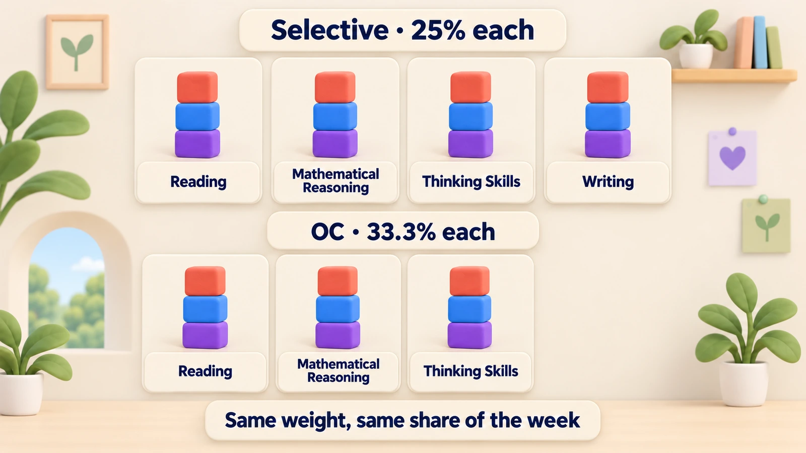 Selective's four sections at 25% each and OC's three at 33.3% each get equal shares of the week.
