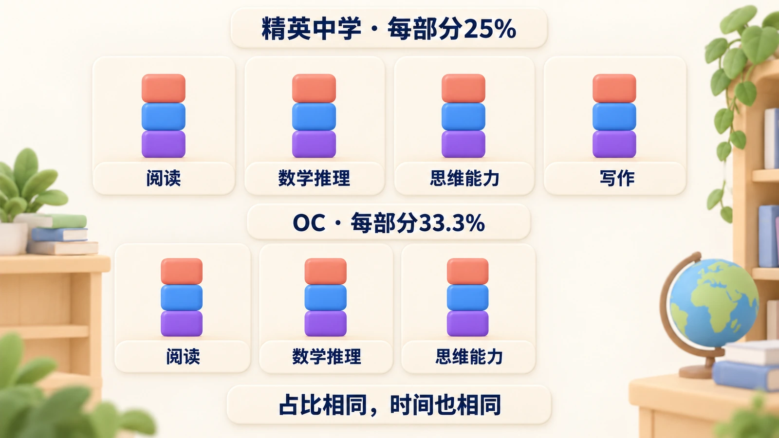 精英中学四个部分各占25%,OC三个部分各占33.3%,每周时间平均分配。
