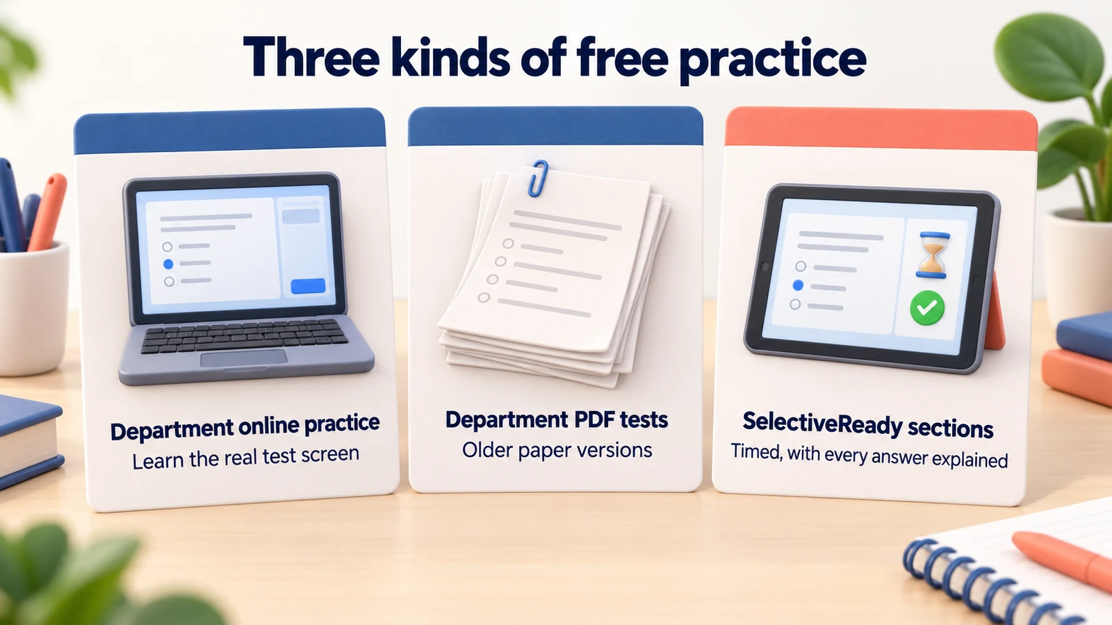 Three kinds of free practice: the Department's online tests, its older PDF tests, and SelectiveReady's timed sections.