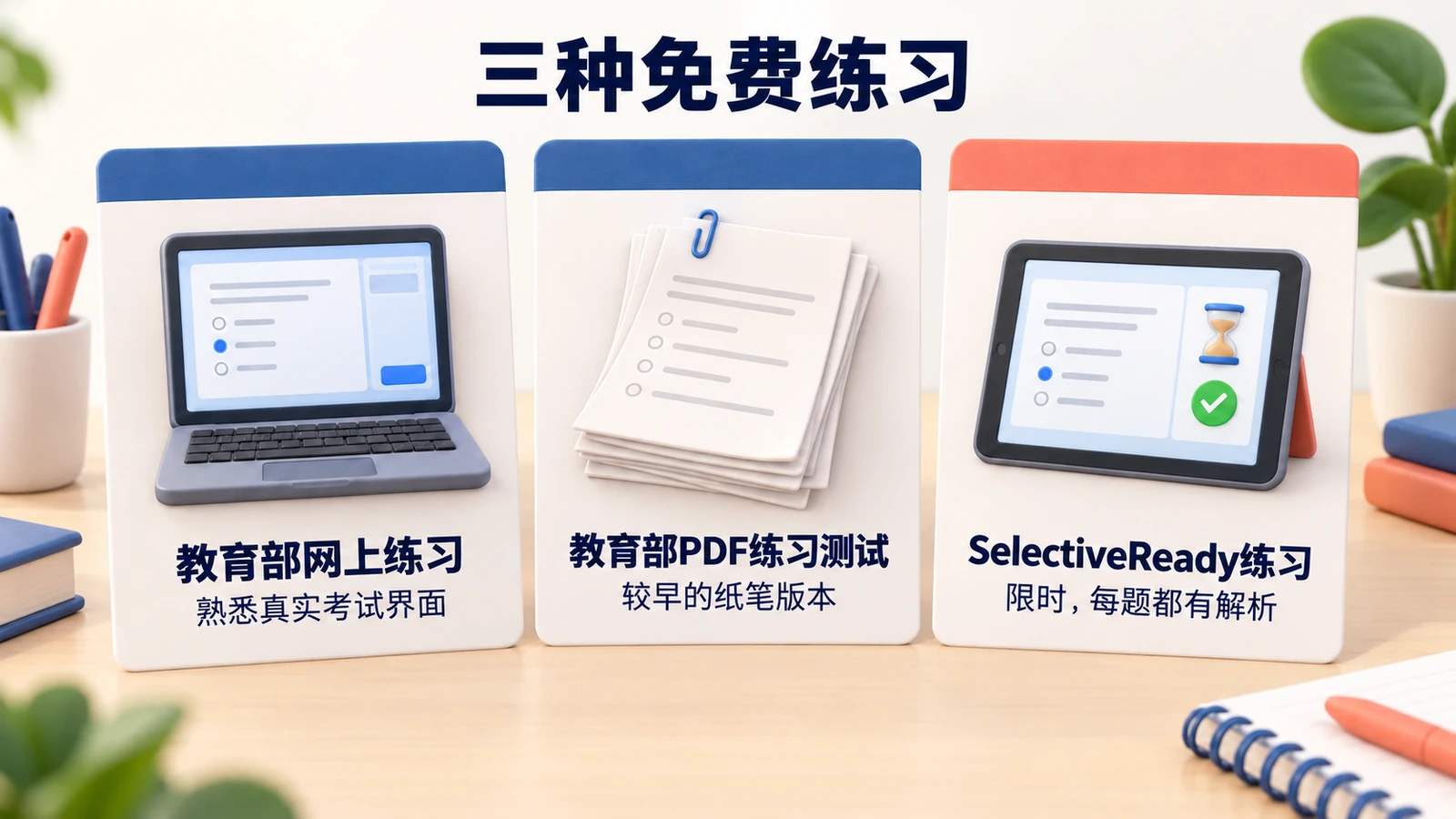 三种免费练习：教育部的在线练习、教育部较早的PDF纸质试卷，以及SelectiveReady的计时练习。