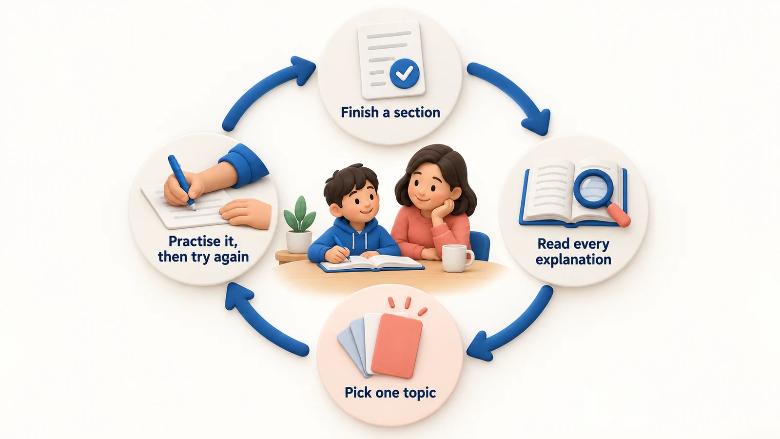 After a section: read every explanation, pick one topic, practise it, then try another section.