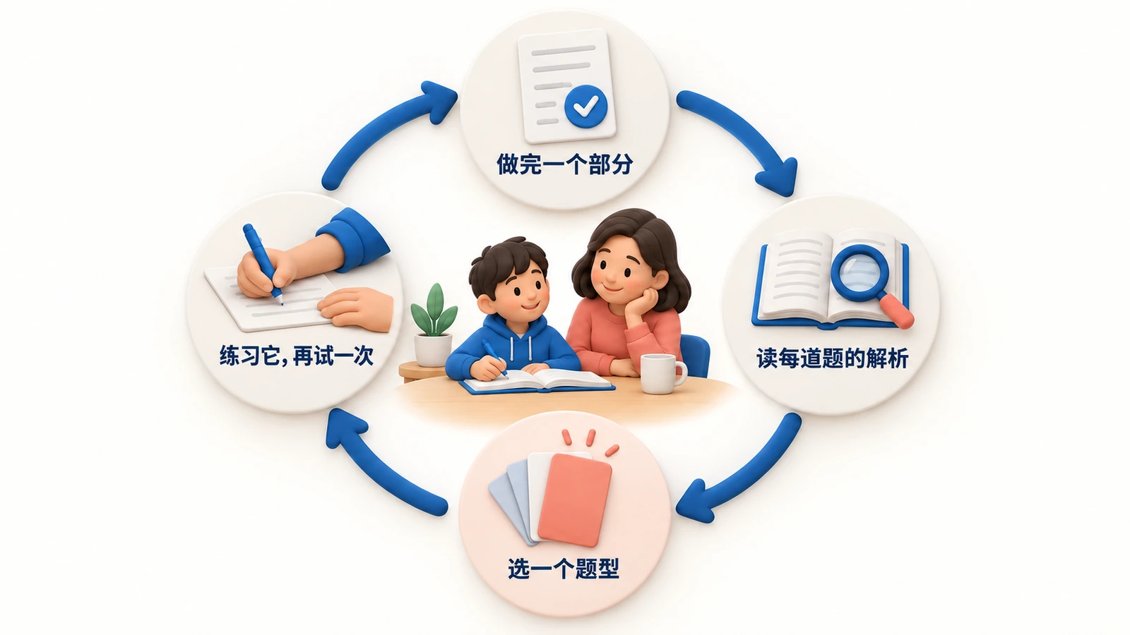 做完一部分之后：读每一题的解析，选一个题型，练习它，再做下一次。