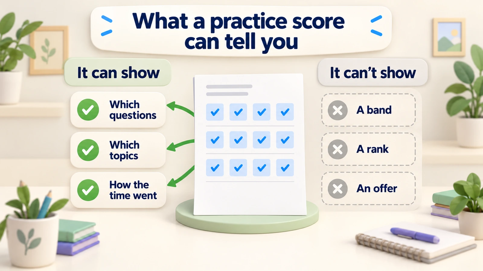 A practice score can show which questions, which topics and how the time went; it can't show a band, a rank or an offer.
