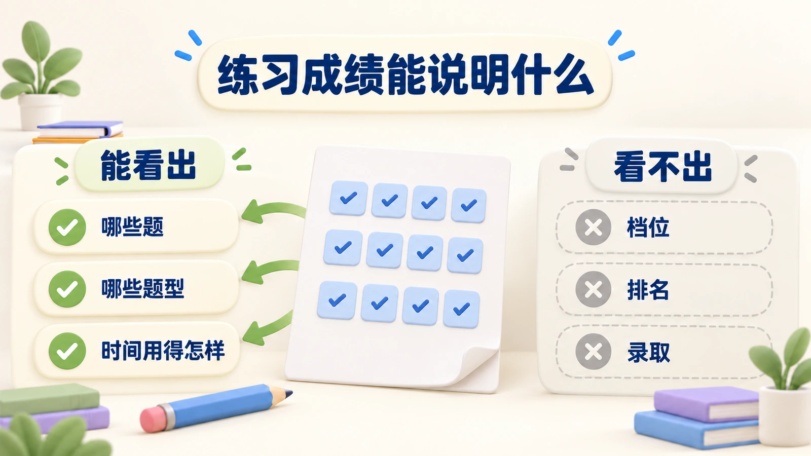 练习成绩能看出错在哪些题、哪些题型和时间分配；看不出等级、排名或录取。