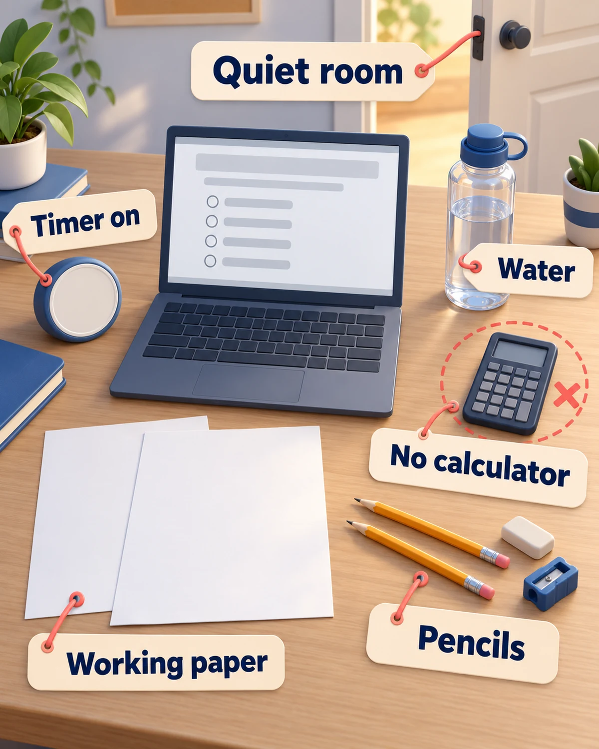 A home desk set up for a practice section: laptop, working paper, pencils, water, a timer, and no calculator.