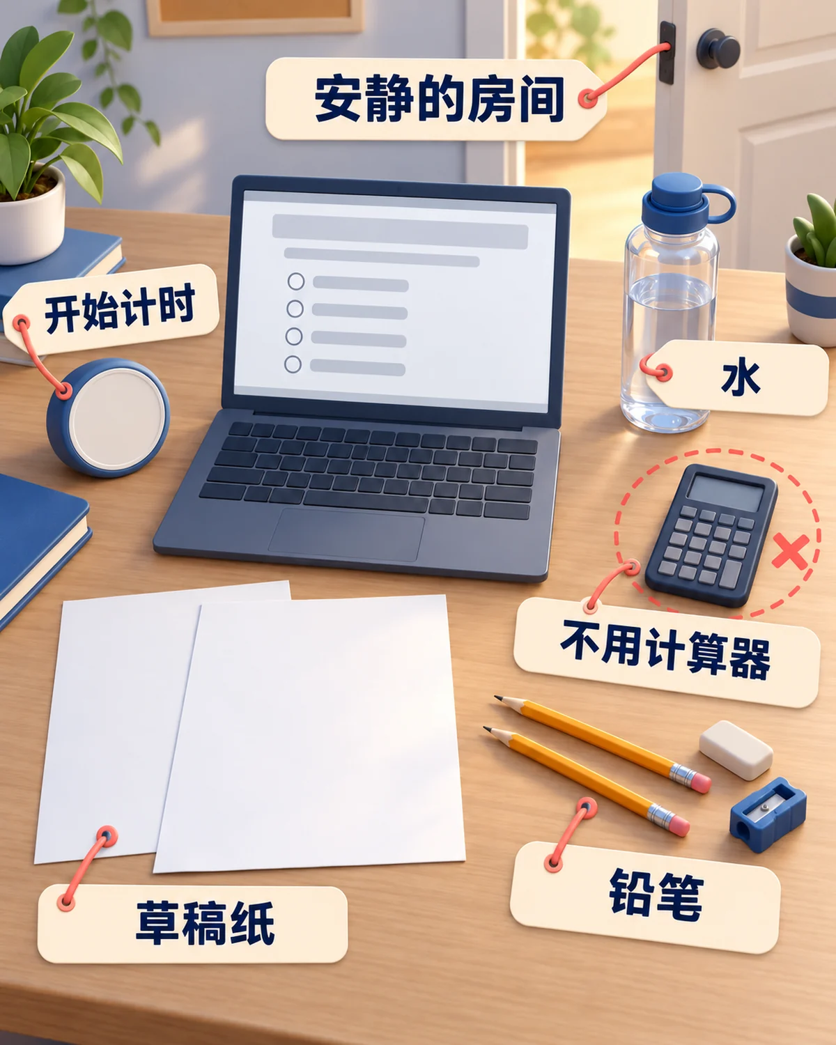 在家模拟考试的书桌：笔记本电脑、草稿纸、铅笔、水和计时器，不用计算器。