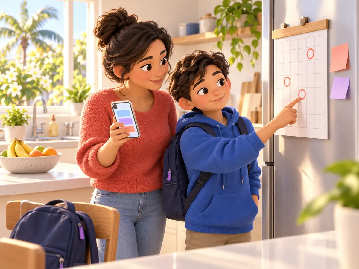 A parent and child look at three circled days on a paper planner on the fridge in a sunny Queensland kitchen.