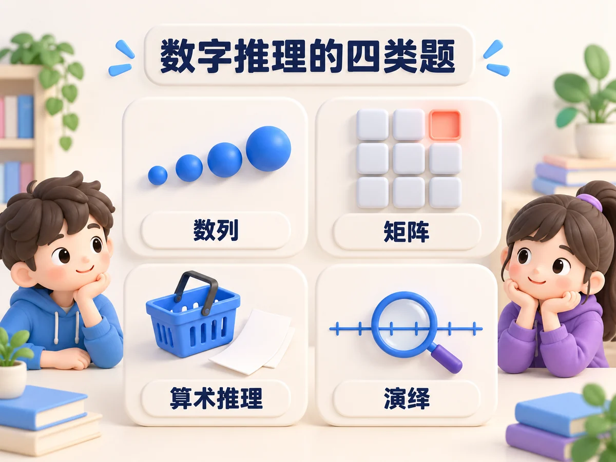 数字推理有四类题:数列、矩阵、算术推理和演绎。