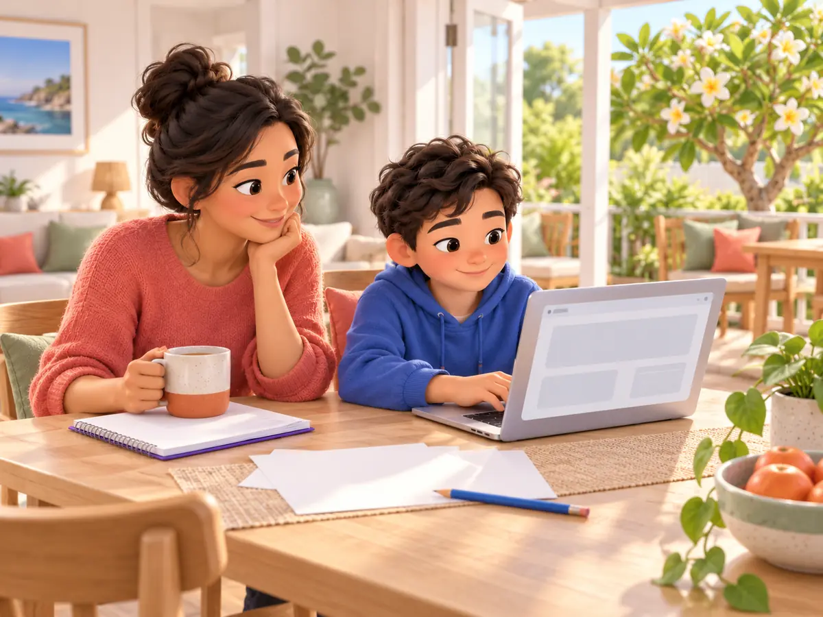 A child works through online practice on a laptop at home while a parent sits beside them.