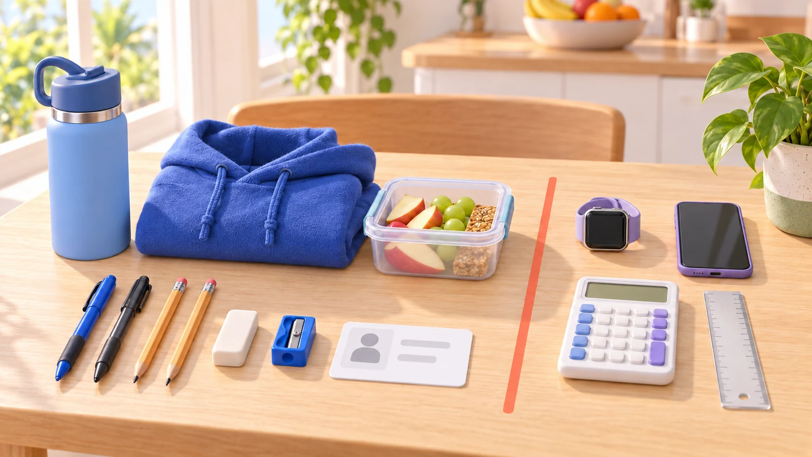 Pens, pencils, eraser, sharpener, ID, water, jumper and snack ready; a smart watch, phone, calculator and ruler set aside.