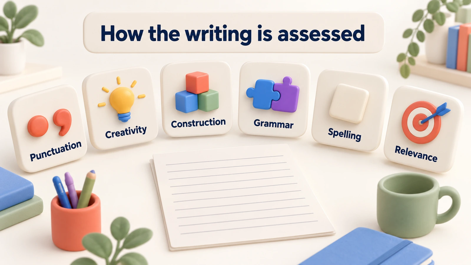 Writing is assessed on punctuation, creativity, construction, grammar, spelling and relevance to the task.