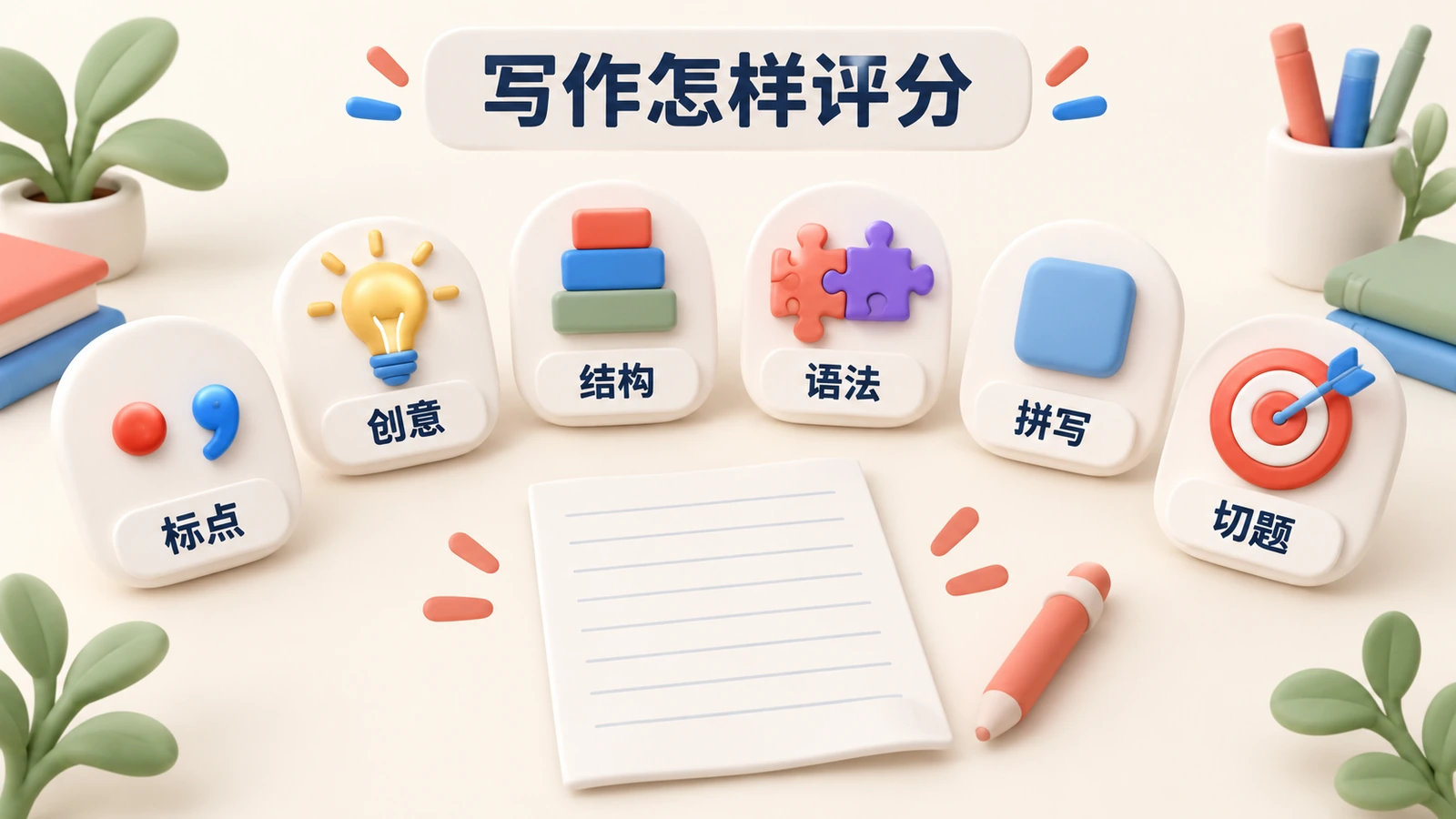 写作评分看六项：标点、创意、结构、语法、拼写和切题。