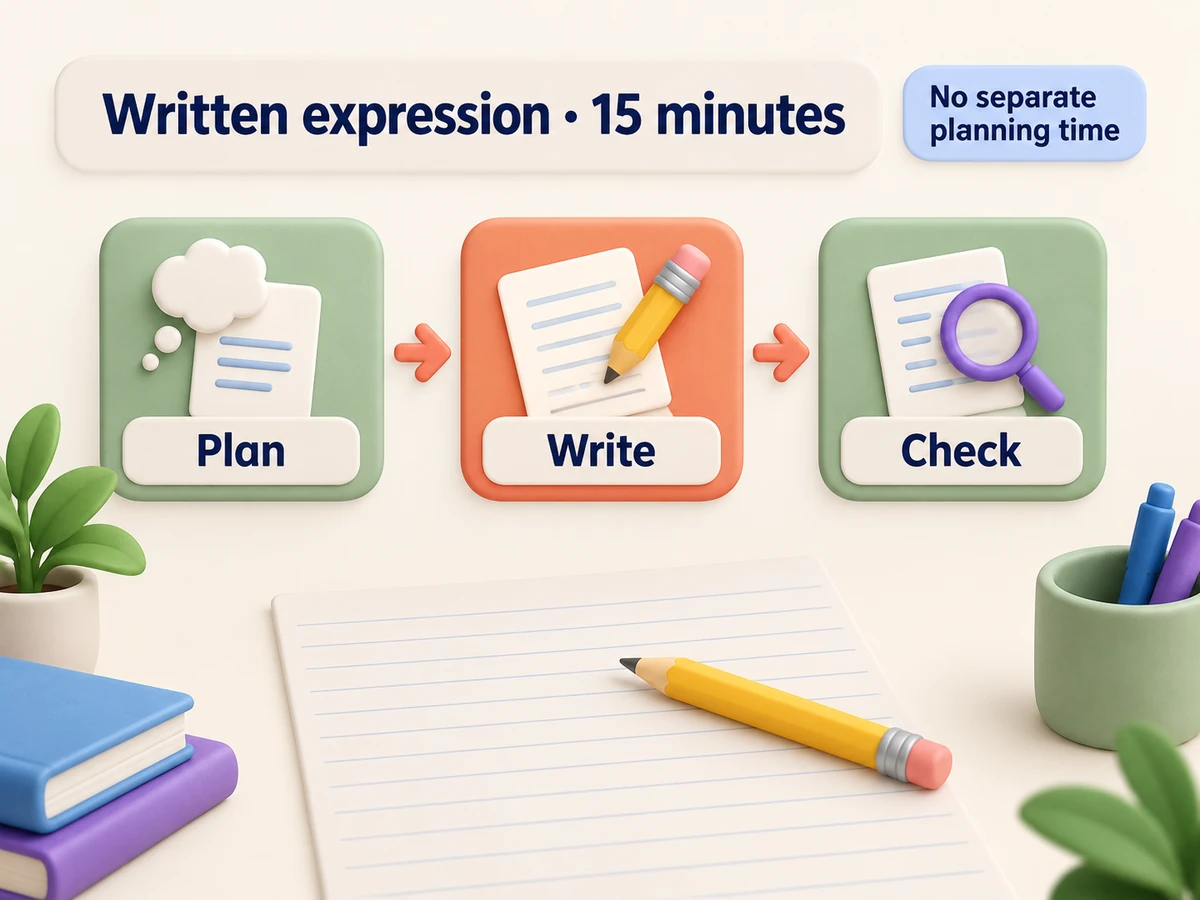 Written expression lasts 15 minutes with no separate planning time: plan briefly, write, then check.