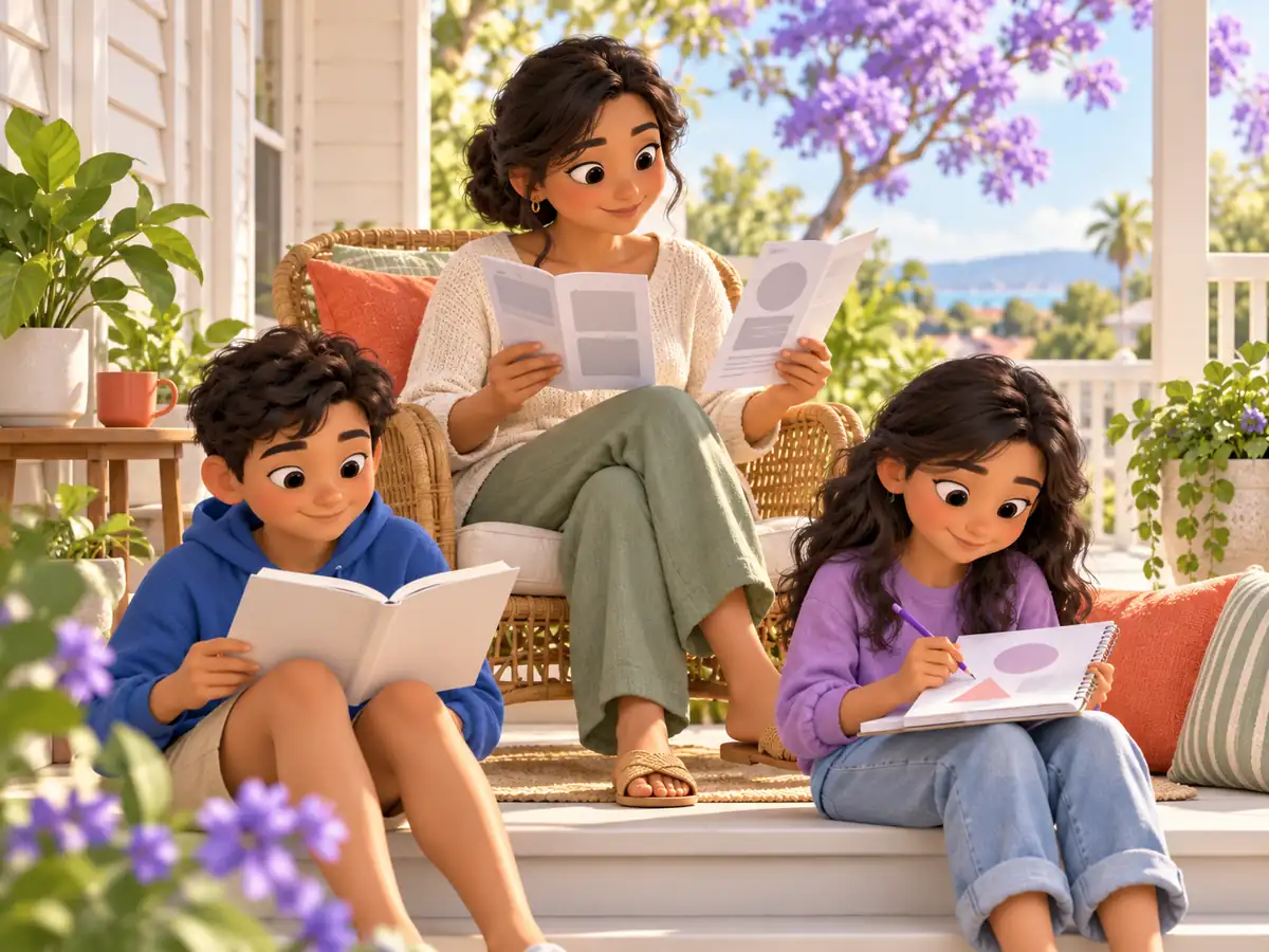 A parent compares two brochures on the verandah of a Queensland house while two children read and sketch on the steps.