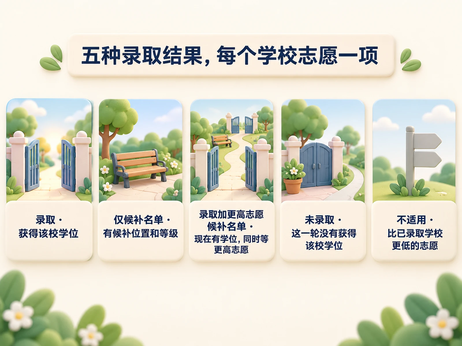 五种录取结果:录取;仅候补名单;录取加更高志愿候补名单;未录取,这一轮没有学位;不适用,比已录取学校更低的志愿。