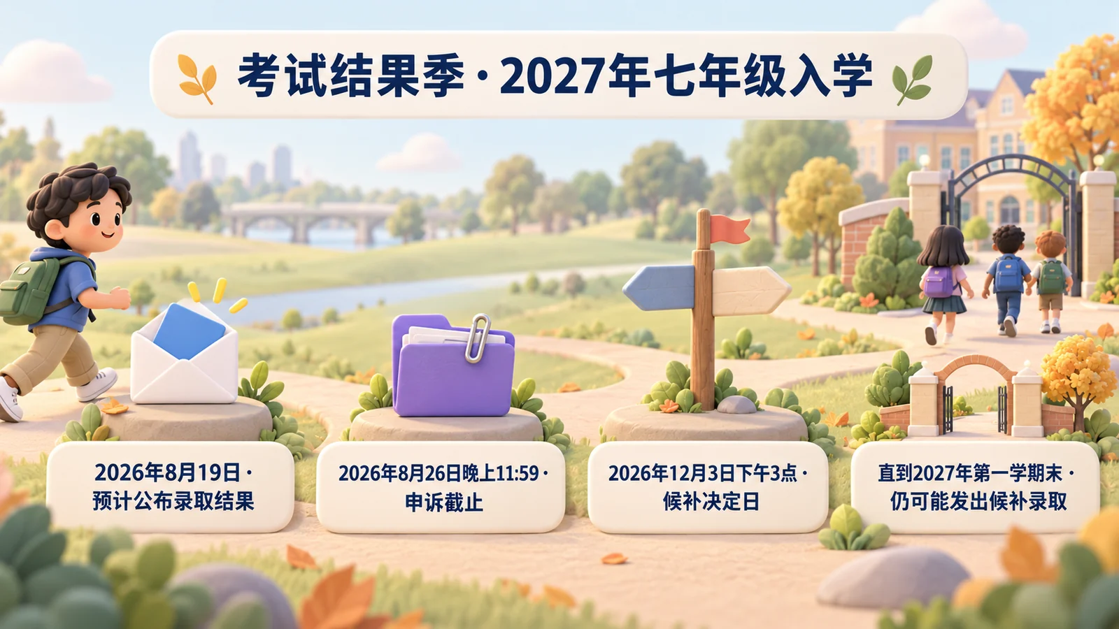 2027年七年级入学的考试结果季:预计2026年8月19日公布结果,8月26日申诉截止,2026年12月3日下午3点为候补决定日,候补录取直到2027年第一学期末。