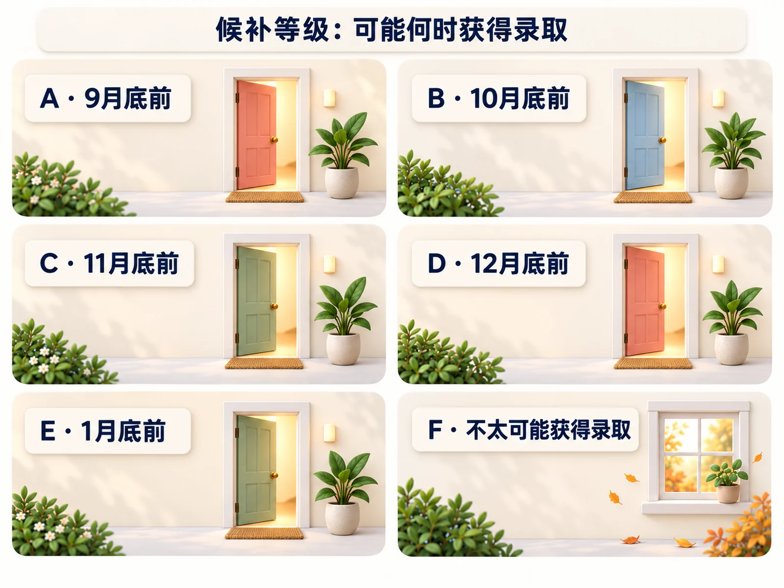 候补等级：A 9月底前，B 10月底前，C 11月底前，D 12月底前，E 1月底前；F 不太可能获得录取。