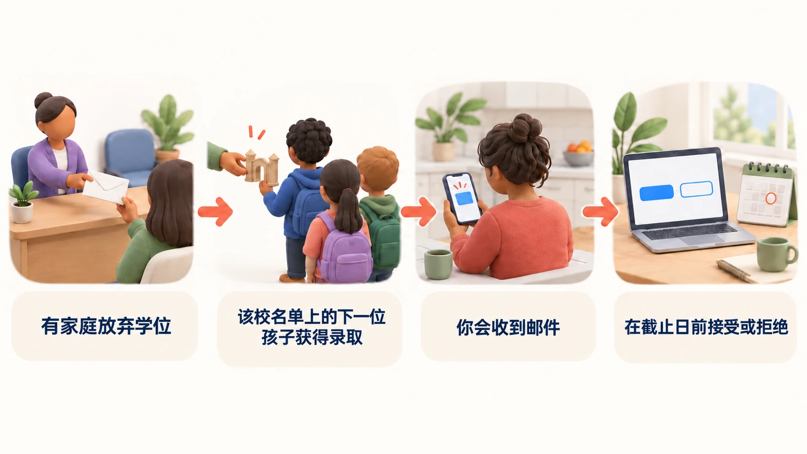 候补录取的过程：有家庭放弃学位，名单上的下一位孩子获得录取，你会收到邮件，然后在截止日前回复。