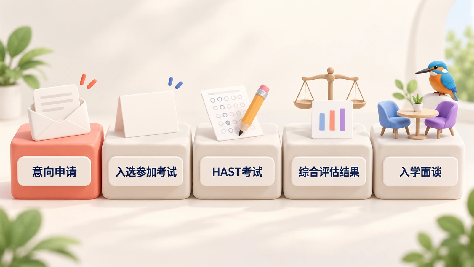Kingfisher的五个步骤:意向申请、入选参加考试、HAST考试、综合评估结果、入学面谈。