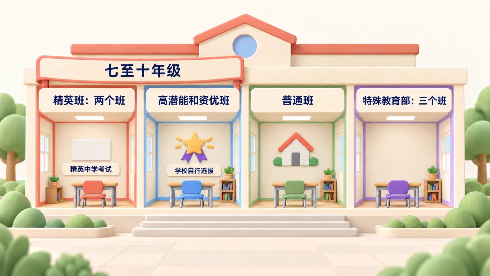 Ryde的班级：两个精英班（精英中学考试）、一个由学校选拔的资优班、普通班，以及有三个班的特殊教育部。