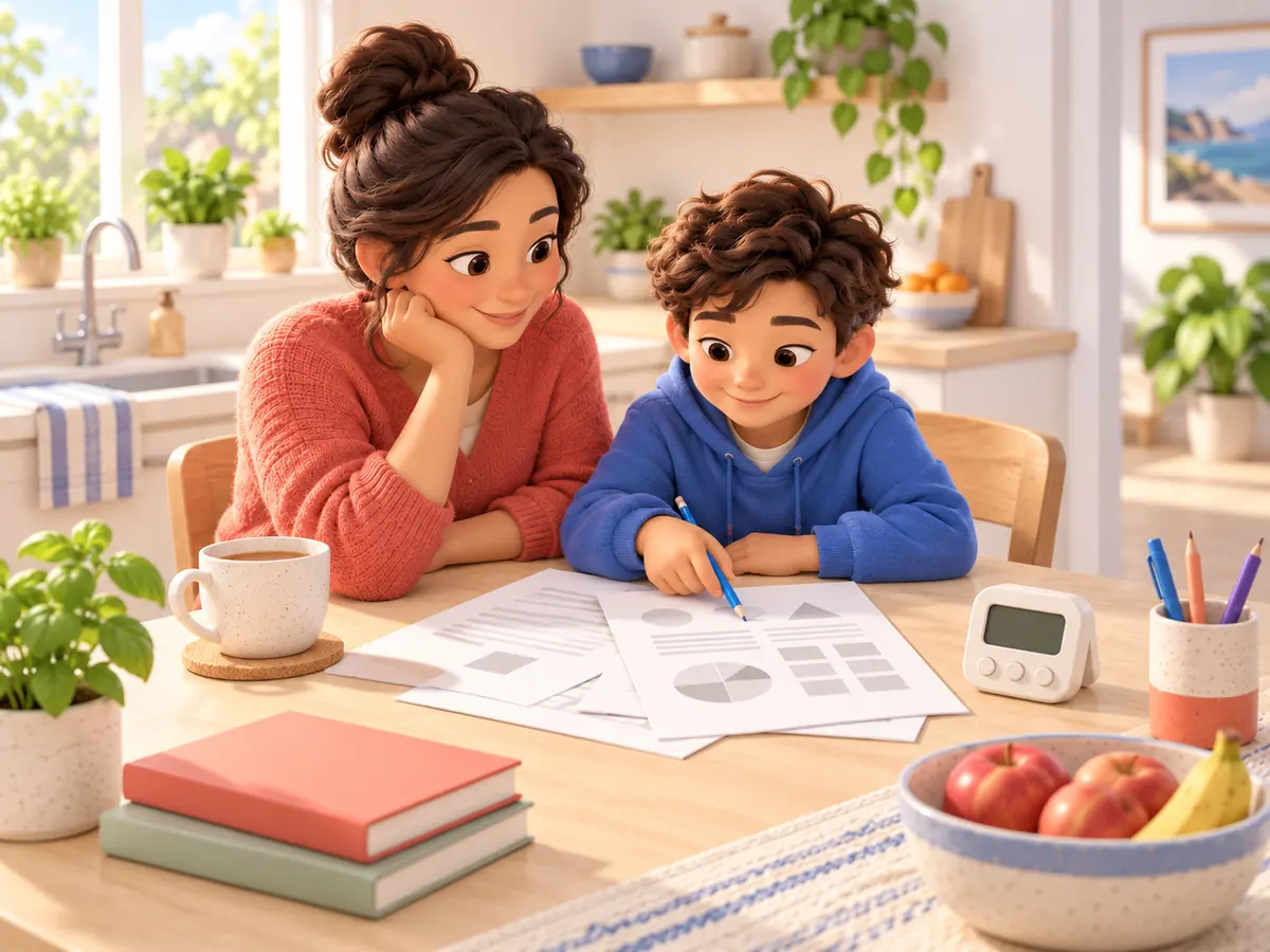 A parent and child read printed sample pages together at a kitchen table.
