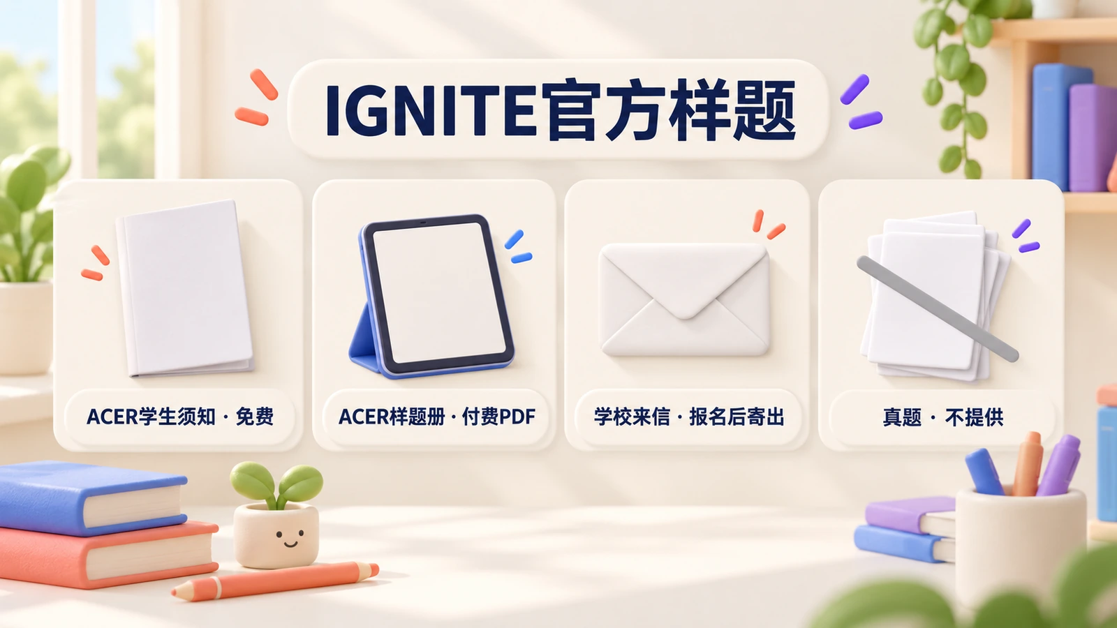 IGNITE官方样题:ACER免费学生须知、ACER付费PDF样题册、报名后学校来信;不提供真题。