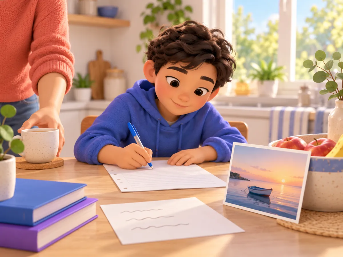 A child writes by hand on lined paper, with a picture card of a boat at dawn as the prompt.