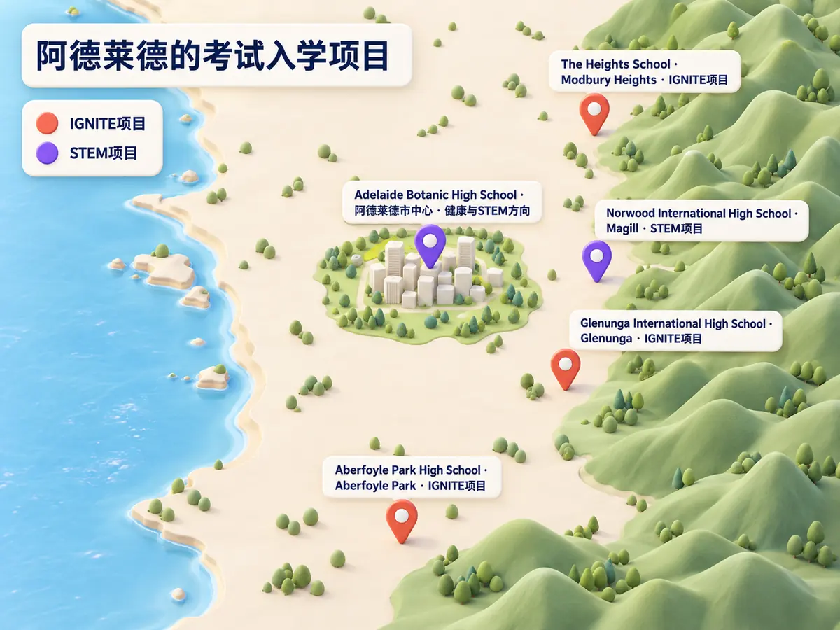 阿德莱德地图:IGNITE项目在Glenunga、Modbury Heights和Aberfoyle Park;STEM项目在市中心的Adelaide Botanic和Magill的Norwood。